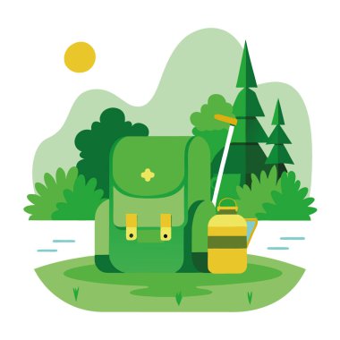 Yeşil bir sırt çantası ve sakin bir nehir kıyısında dinlenen olta kamışı. yemyeşil ağaçlarla çevrili. Yapay zekanın yarattığı doğanın tadını çıkarmaları için açık hava meraklılarını davet etmek. Vektör simgesi