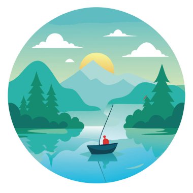 Sakin bir gölde sakin, sisli bir şafak. Yalnız bir olta, sakin suya bir halat atar. Yapay zekanın ürettiği yemyeşil orman manzarasıyla çevrili. Vektör simgesi