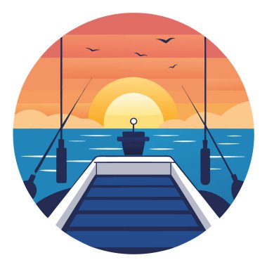 Şafakta bir balıkçı teknesinin güvertesinde. Oltalar hazır ve ufuk çizgisi parlıyor. Verimli ve huzurlu bir yolculuk olacağına dair söz verdi. Vektör simgesi