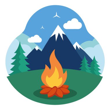 Sıcak kömürde kaynar su ile kamp yemeği yap. Su ya da yiyecek ısıtmak için kamp ateşi yakın. Doğada kamp yaparken ateşte yemek pişirmek yapay zeka işi. Vektör simgesi