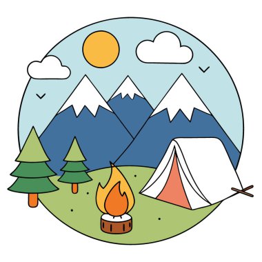 Kamp gezisi. Çadırları olan bir kamp alanı. Bir kamp ateşi. Çubuklarda lokum. Yaz. Boyama sayfası. hd. Fotokopi alanı ile maceralı. Yapay zeka üretildi. Vektör simgesi