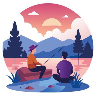 Bir çift gün batımında sakin bir gölde birlikte balık tutmayı seviyor. Bereketli ağaçlar ve sakin sularla çevrili. Huzurlu bir atmosfer yaratıyor. Yapay zeka üretildi. Vektör simgesi