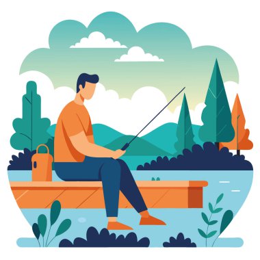 Turuncu gömlekli bir adam rıhtımda dinleniyor. Sakin bir gölde balık tutmak. Yapay zekanın yarattığı ormandan yansıyan bir su manzarasının huzur veren güzelliğiyle çevrelenmiş. Vektör simgesi