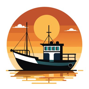 Güneş batarken bir balıkçı teknesi suyun üzerinde huzur içinde dinleniyor. Altın yansımaları sergiliyor ve sakin çevreyi vurguluyor. - Evet. Yapay zeka üretildi. Vektör simgesi