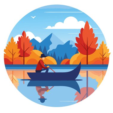 Kano balıkçısı, cam aynaya benzeyen gölde tek başına yaşıyor. Sonbahar doğası şafağı yeni Hampshire 'da yaprakların rengini yansıtıyor. Yapay zeka üretildi. Vektör simgesi