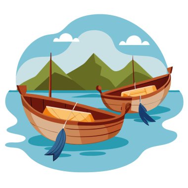 Taze balıklarla dolu iki ahşap tekne. Ağlar hala görünür durumda. Yapay zekanın ürettiği başarılı bir balık avından sonra suda yüzüyorlar. Vektör simgesi