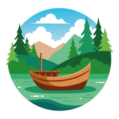 Yeşil nehirde antika ahşap balıkçı teknesi ya da orman ağaçlarıyla çevrili göl suyu. Yazın açık havada sakin bir ortam. Yapay zeka üretildi. Vektör simgesi