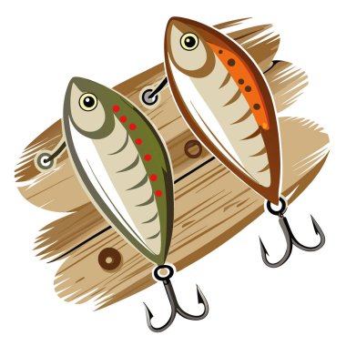 Büyüleyici bir makro tarzla, ahşap bir masaya yakalanmış, karmaşık balık kancaları olan iki metalik balık yeminin detaylı bir görüntüsü. Yapay zeka üretildi. Vektör simgesi