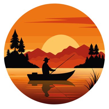 Gün batımında teknede balık tutan bir adamın silueti. Sakin bir göl ve turuncu gökyüzü arkaplanı var. Yapay zekanın yarattığı, akşam balığının huzurunu somutlaştıran. Vektör simgesi