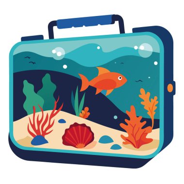 Şeffaf bir bavulun içinde okyanus. Balık. Mercan. Zengin renkler. gerçek dışı sanatsal fotoğrafçılık. Kavram. Seyahat ve çevresel etki. 16.9. Yapay zeka üretildi. Vektör simgesi