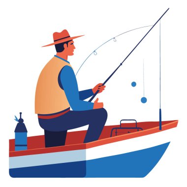 Bir balıkçı teknenin arkasından trolleme hattı kuruyor. Birden fazla çubuk ve yem kullanılıyor. Dinamik ve detaylı bir ortamda. - Evet. Yapay zeka üretildi. Vektör simgesi