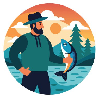 Yeni yakalanmış bir balığı tutan bir balıkçının yakın çekimi. Nehre kısmen batmış. Gün batımında Suyun içinde dalgalanmalar yaratarak yapay zeka oluşturdu. Vektör simgesi