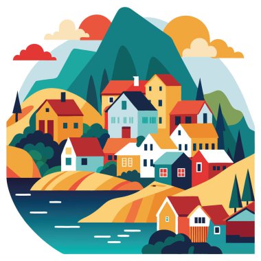 Yamaçta yuva yapmış renkli Norveç kıyı köyü. Çok canlı evleri var. Rıhtım manzaralı. Dramatik sonbahar renkleri. Ve sakin sularda yapay zeka üretildi. Vektör simgesi