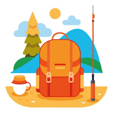 Parlak Turuncu Balıkçılık Sırt Çantası ve Rod, Sandy Riverbank 'te Ağaçlarla çevrili. Açık Hava Maceraları ve Balıkçılık Gezileri için ideal. Yapay zeka üretildi. Vektör simgesi