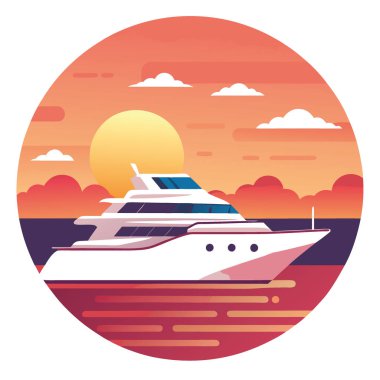 Gün batımında sakin denizde beyaz lüks yatlı deniz yolculuğu afişi. Deniz tatili. Gezinti. seyahat ve rahatlama konsepti. Sancak boyutu. kopyalama alanı. Yapay zeka üretildi. Vektör simgesi