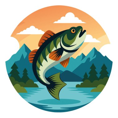 Büyük Ağızlı Bas 'ın Büyüleyici Tilt-Shift Fotoğrafı Canlı Doğa Çevresiyle Dolu Bir Sahne Gölünde Sudan Sıçrıyor. Yapay zeka üretildi. Vektör simgesi