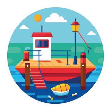 Balıkçı teknesi rıhtımının ayrıntıları deniz temalı yapay zeka projeleri için ideal olan sakin mavi su arka planına karşı canlı renkler ve dokular gösteriyor. Vektör simgesi