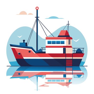 Sakin sulara yansıyan canlı bir balıkçı teknesi. Minimalist Kıyı Sahnesi 'nde Ustalık ve Deniz Sükuneti Gösterimi. Yapay zeka üretildi. Vektör simgesi