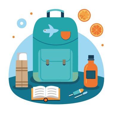 Balık desenli bir deniz mavisi sırt çantası seyahat gereksinimleriyle çevrili ahşap bir masanın üzerinde yatar. Harita da dahil. Bir su şişesi. ve bir cüzdan.. yapay zeka üretildi. Vektör simgesi