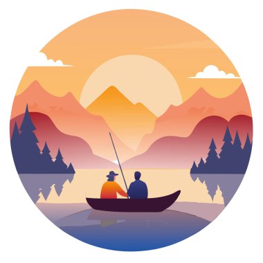 Sis ve altın güneş ışığıyla çevrili sakin bir gölde iki kişi kayıkta balık tutuyor. Huzurlu ve huzurlu bir doğa sahnesi yaratarak yapay zekayı oluşturdu. Vektör simgesi