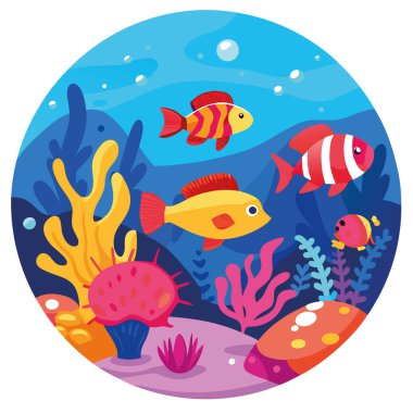 Canlı bir sualtı dünyası, hareketli bir mercan resifini gözler önüne seriyor. Parlak mavi sularda deniz şakayıkları ve mercanların arasında yüzen renkli balıklarla. Yapay zeka üretildi. Vektör simgesi