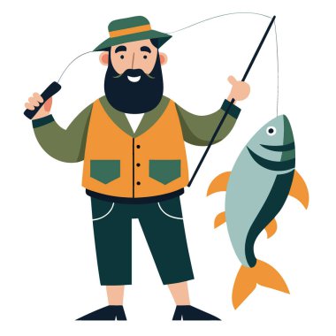 Başarılı bir yakalama gösterisi. Bir balıkçı elinde bir balık tutar. Açık hava eğlencesi ve yaban hayatının takdir edilme ruhunu somutlaştırıyor. Yapay zeka üretildi. Vektör simgesi