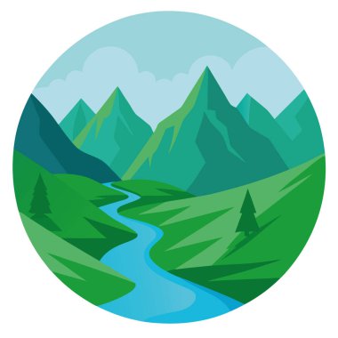 Görkemli dağ zirveleri arasına kurulmuş yeşil bir vadi. Akıp giden bir ırmak... Yapay zekanın yarattığı doğal manzaranın güzelliğini yakalamak. Vektör simgesi