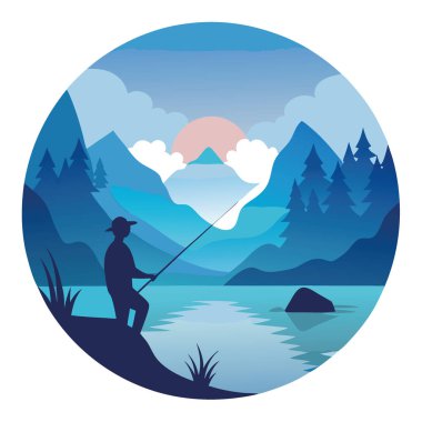 Yalnız bir balıkçı şafak vakti dingin sulara bir halat atar. Sis ve çarpıcı dağ manzarasıyla kaplı. Huzurlu bir atmosfer yaratmak. - Evet. Yapay zeka üretildi. Vektör simgesi