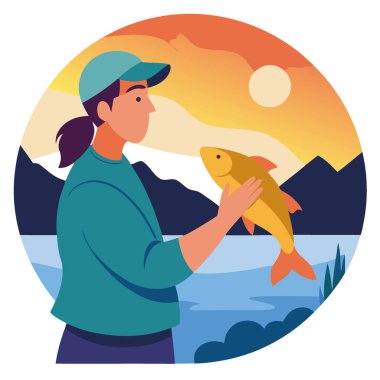 Gün batımında dingin bir gölün kenarında taze tutulan bir balık. Yumuşak bir balığa karşı balığın altın pullarını sergilemek. Parlak arka plan yapay zeka tarafından oluşturuldu. Vektör simgesi