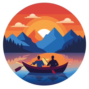 Güneş dağların ardında batarken. Bir kanodaki iki birey, suyun yüzeyindeki nefes kesen manzarayı ve sakin atmosferi alır. Yapay zeka üretildi. Vektör simgesi