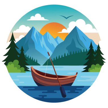 İki olta oltaya takılırken, tahta bir tekne sakin bir gölde usulca sürüklenir. Şafak vakti görkemli dağlar ve gür ormanlar tarafından çerçevelenmiş. Yapay zeka üretildi. Vektör simgesi