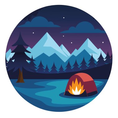 Alacakaranlıkta sakin bir kamp sahnesi. Huzurlu bir gölün yanında parlayan bir kamp ateşi olan bir çadır. Yoğun orman ve uzak dağlarla çevrili yapay zeka üretildi. Vektör simgesi