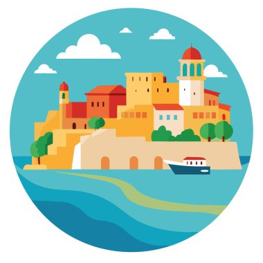 Gelibolu 'nun büyüleyici plajlarıyla sahil cazibesini keşfedin. Tarihi kale. Ve Puglia 'nın turkuaz suları boyunca canlı eski bir kasaba. Yapay zeka üretildi. Vektör simgesi