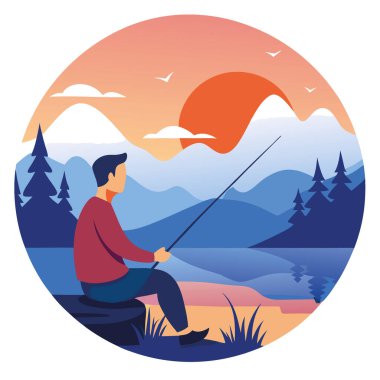Güneşin doğuşunda balık tutmak. Huzurlu Göl Balıkçılığının Zevkini Çıkartan Bir Adamın Resimli Gerçekçi Kavramı. Zamansız Hobi 'nin Huzur ve Memnuniyeti' ni yakalamak. Yapay zeka üretildi. Vektör simgesi
