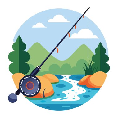Doğada kayalık bir akarsu kenarında, balık oltası üzerinde modern, gösterişli bir olta makarası. Açık hava macerası konsepti. Tatlı su balıkçılığı. Spor malzemeleri. Yapay zeka üretildi. Vektör simgesi