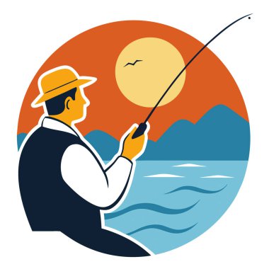 Yakından çekilen bir balıkçı avı yakalıyor. Sudan yansıyan parlak bir gündoğumu ve olta ipindeki gerilimi vurguluyor. Yapay zeka üretildi. Vektör simgesi