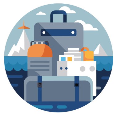 Görkemli bir yolcu gemisine karşı seyahat gereksinimleriyle dolu gri bavul. Savurgan bir okyanus kaçamağı ve yapay zekanın yarattığı modern seyahat şehvetini yansıtıyor. Vektör simgesi