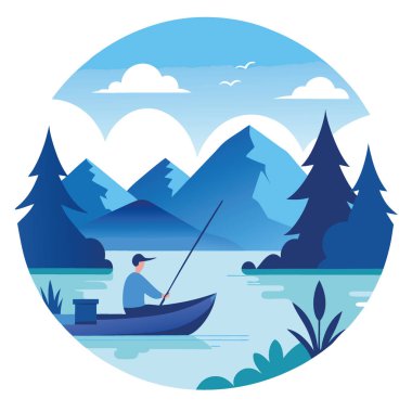Pazar günü hava güzel olacak. Huzurlu bir gölde huzurlu bir balık avı görüntüsü. Rahatlamak ve yapay zekanın yarattığı güzelliği uyandırmak için mükemmel. Vektör simgesi