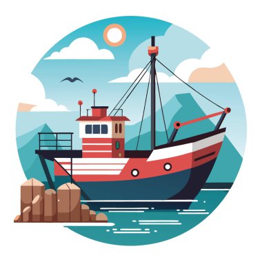 Rıhtımda bir balıkçı teknesi. Açık yakalamayı beklet. Huzurlu liman sahnesi. Tekneler yavaşça sallanıyor. Güneş ışığı suyun üzerinde parlıyor. Deniz sükuneti. Yapay zeka üretildi. Vektör simgesi