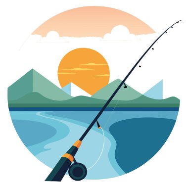 Catch için oyuncu seçiyorum. İlk Perspektif. Bir Olta ve Makaranın Yakın Çekimi. Suyun üzerindeki güneş ışığı. Sakin ve dingin ruh hali. Balık tutmaya. Göl. Yapay zeka üretildi. Vektör simgesi