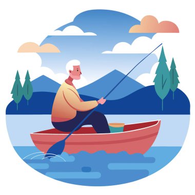Olgun bir adam huzur içinde huzurlu bir gölde bir teknede oturuyor. Balık tutmaktan zevk alıyorum. Adam yapay zekanın yarattığı sakin sularda yol alırken rahatlamış görünüyor. Vektör simgesi