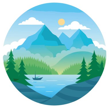 Smith Mountain Gölü 'nde sakin bir yaz sabahı, yemyeşil ağaçlar ve görkemli dağ zirveleriyle çevrili sakin sulardan süzülen sisli bir sis. Vektör simgesi