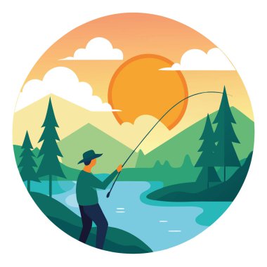 Bir balıkçı gün doğumunda ipini huzurlu bir nehre atar. Üstünü cennet örtüsü kaplamıştır. Üzerlerinde bulutlar vardır. Yapay zekanın yarattığı barışçıl balıkçılığın somut örneği. Vektör simgesi