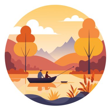 Sis ve altın sonbahar ağaçlarıyla sakin bir gölde balık tutan iki kişi. Gün doğumunda barışçıl ve manzaralı bir an yaratmak yapay zekayı oluşturur. Vektör simgesi