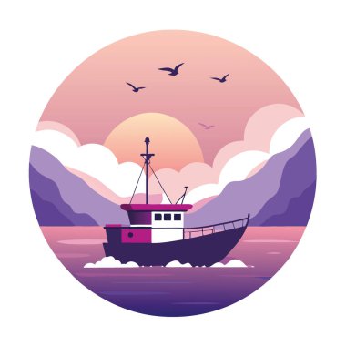 Bir balıkçı teknesi şafak vakti sakin bir denizde yavaşça ilerler. Pembe ve mor bir sisle çevrili. Martılar gökyüzünde uçar. Atmosfere katkı sağlıyor. Yapay zeka üretildi. Vektör simgesi