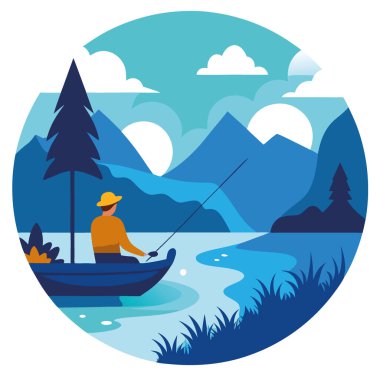 Pazar günü hava güzel olacak. Sakin bir gölde huzurlu bir Pazar balık avının huzurlu bir görüntüsü. Yapay zekanın yarattığı doğanın sükunetini ve boş zamanlardaki aktivitelerini yakalamak. Vektör simgesi