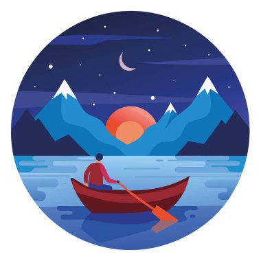 Bir adam basit bir ahşap tekneyi gece sakin bir dağ gölünde yüzdürür. Yıldızlı gökyüzünü ve huzurlu manzarayı yansıtan sakin sularla çevrili. Yapay zeka üretildi. Vektör simgesi