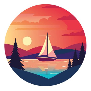 Gün batımında sakin bir yelken sahnesi. Görkemli bir yelkenli sakin sularda süzülüyor. Canlı renkler gökyüzünü dolduruyor. Doğa aşıkları ve gezginleri için mükemmel. - Evet. Yapay zeka üretildi. Vektör simgesi