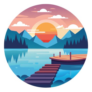 Sunrise 'daki Huzurlu Tekne İskelesi Yansımalarla. Rahatlama ve Açık Hava Maceraları İçin Doğal ve Su Sanatının Huzurlu Sahnesi. Yapay zeka üretildi. Vektör simgesi