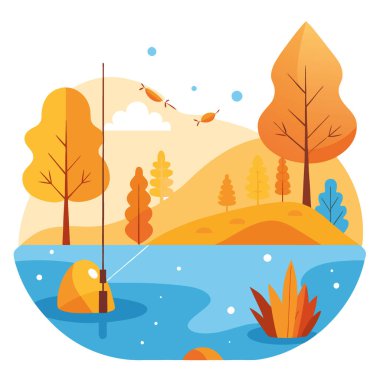 Renkli Çubuklu Güz Gölü 'nün yanındaki Huzurlu Balık Sahnesi. Serene Nature Setting 'de durgun bir su yüzeyinin yakınındaki sarı ve portakal yaprakları. Yapay zeka üretildi. Vektör simgesi